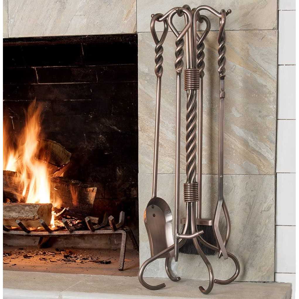 Uniflame 5 Piece Antique Copper Fireset with Ring/Swirl Handles Tampico Brush F-1311