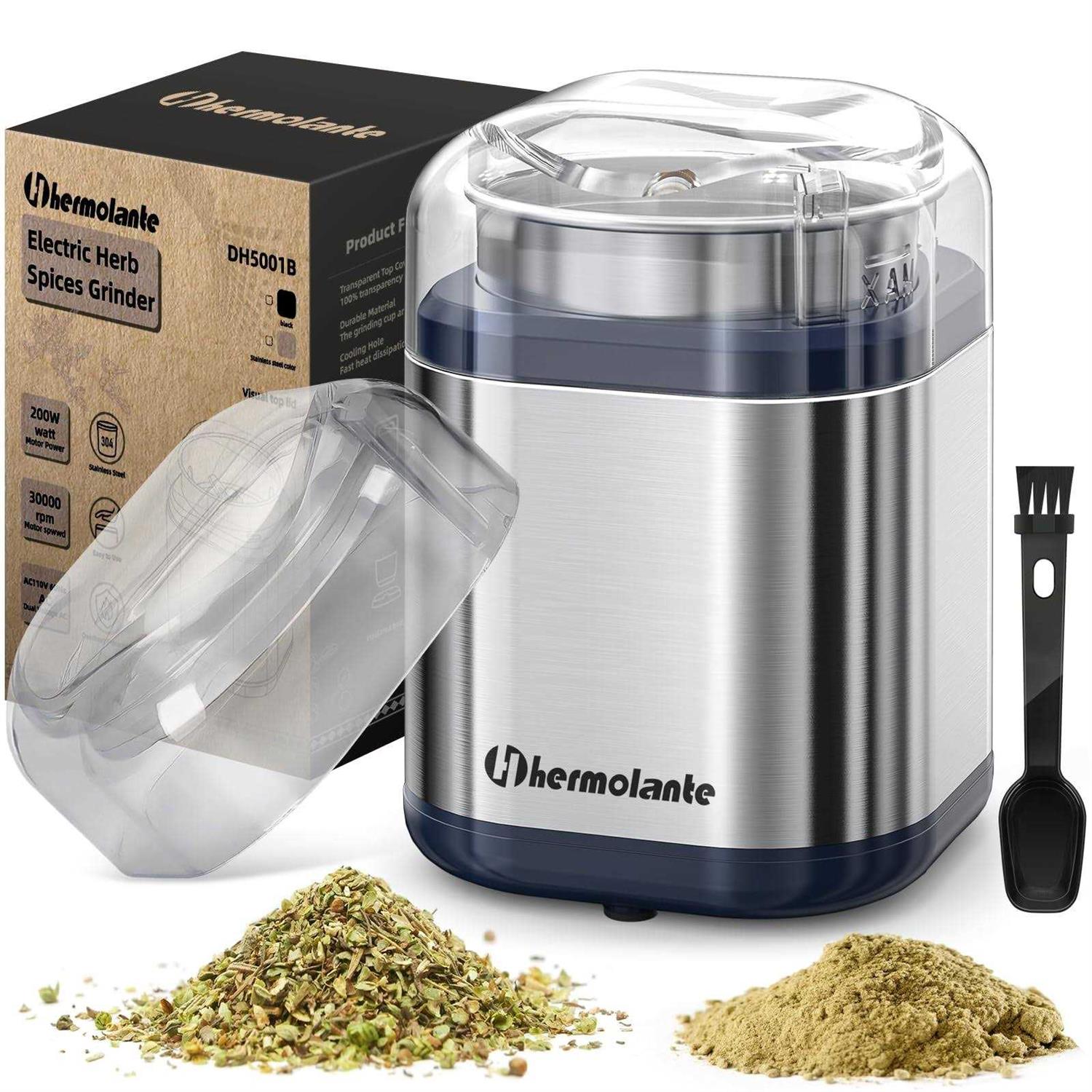 Hermolante Herb Grinder Spice Grinder, 200 w Herb Grinder with Stainless Steel Blade And Cleaning Brush