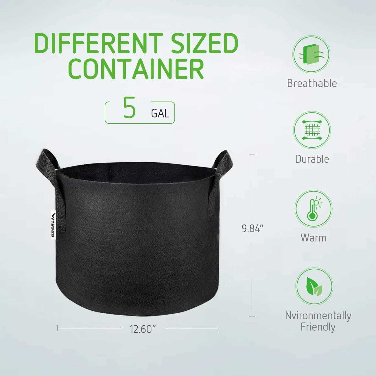 VIVOSUN 5-Pack 5 Gallon Grow Bags Plant Fabric Handles