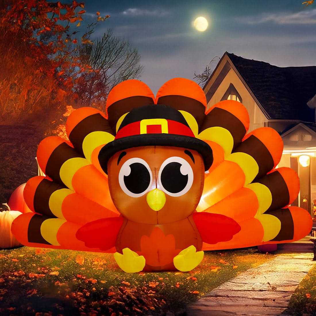 GOOSH 8 FT Long Thanksgiving Iatables Turkeys Outdoor Decorations Blow Up Yard Big Tail Turkey Baby with Pilgrim Hat with Built-in LEDs