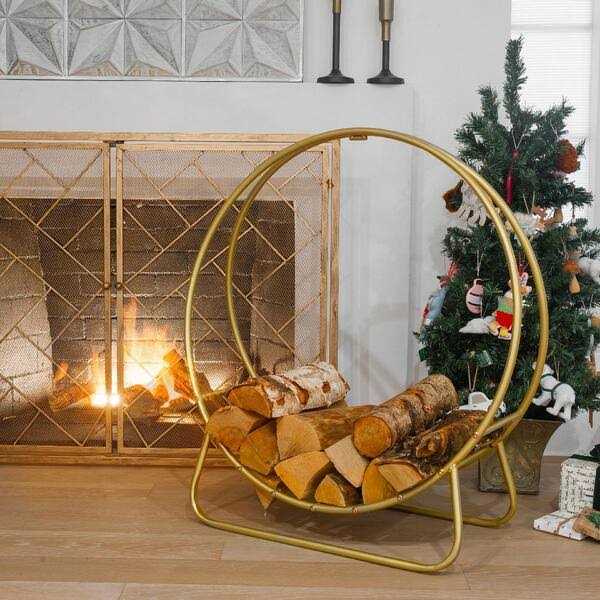 Barton 30 in. Heavy-Duty Log Hoop Firewood Rack Fireplace Wood Storage Holder Gold
