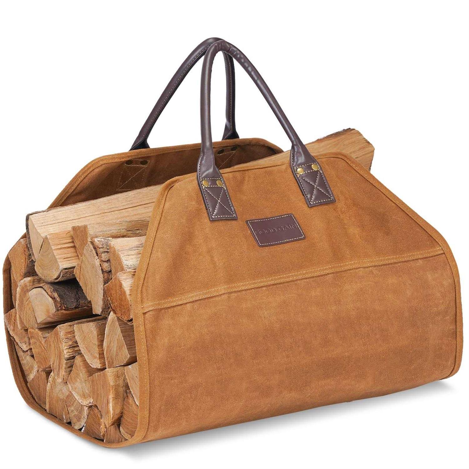 G GOOD GAIN Firewood Carrier Waxed Canvas with Leather Handles Wood Carrier for Firewood