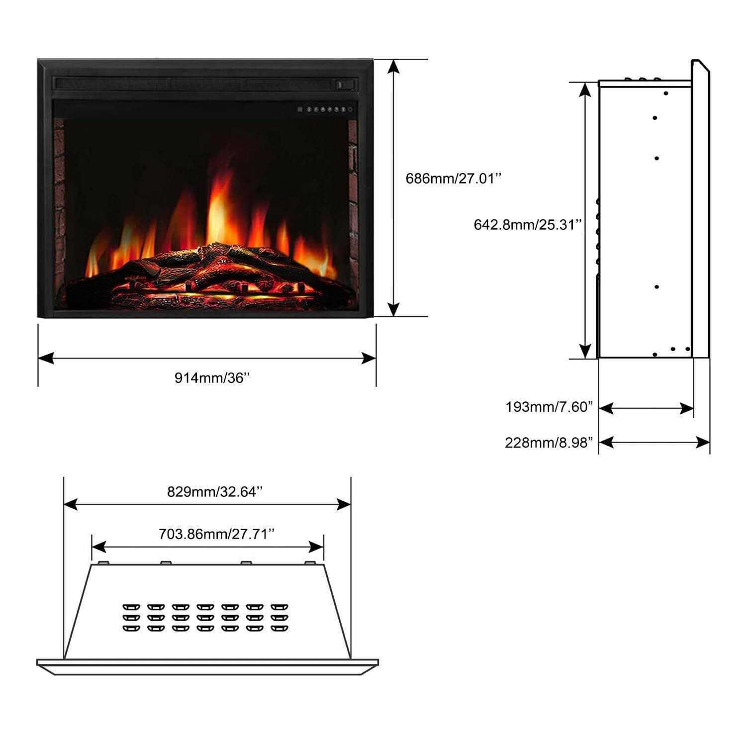 Electric Fireplace Insert Freestanding & Recessed Electric Heater Remote Control 750W/1500W R.W.FLAME