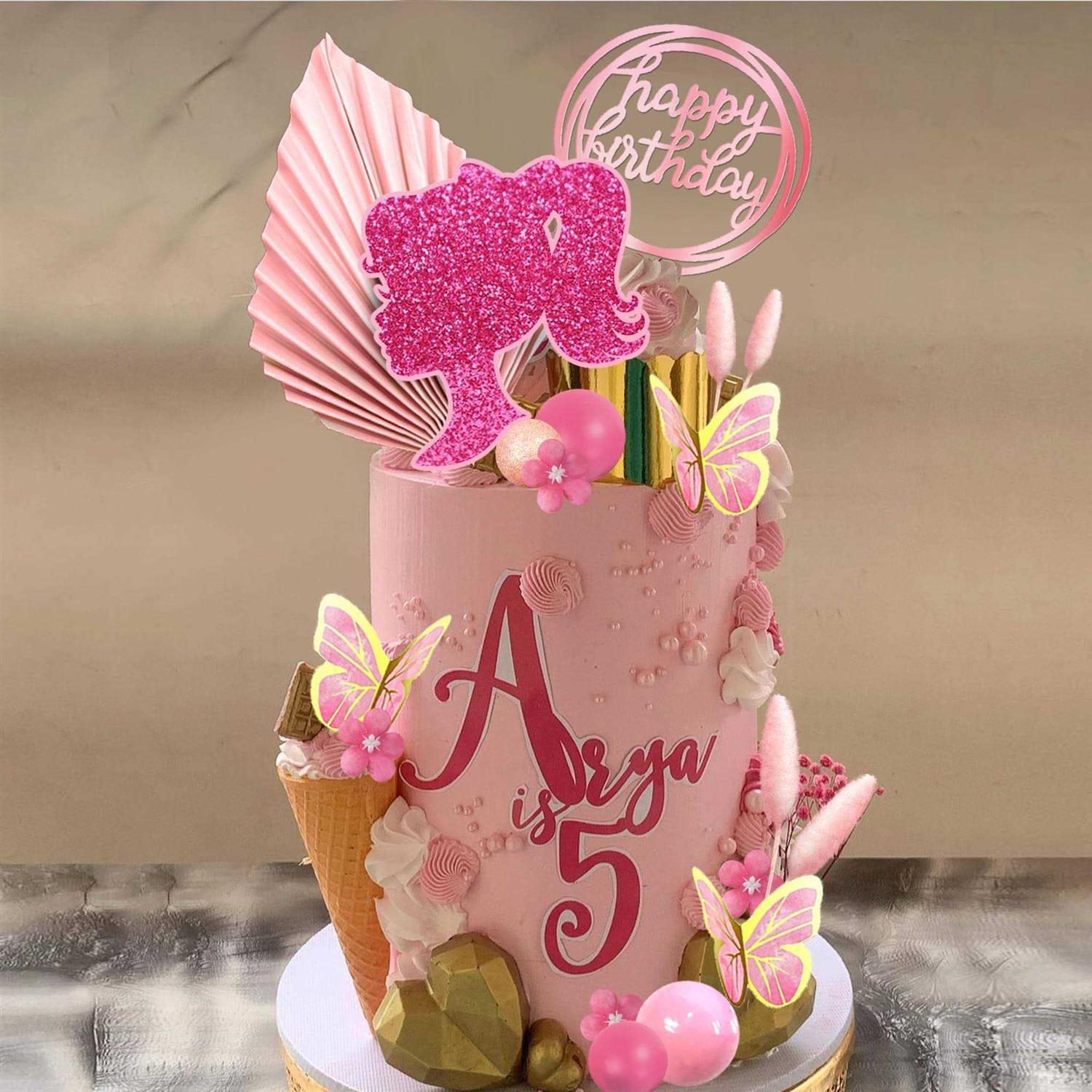 Hot Pink Girl Cake Toppers with Pink and Gold Butterfly Balls Cake Topper for Wedding Baby Shower Anniversary Girl Birthday Themed Party Supplies