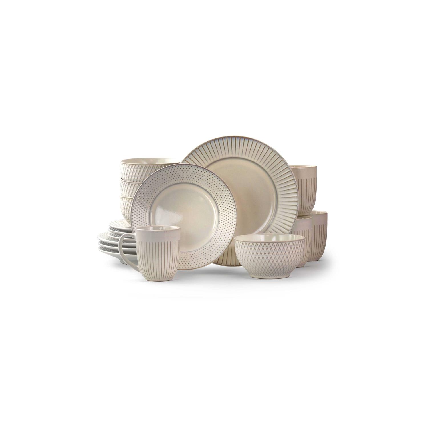 Elama Market Finds 16 Piece Round Stoneware Dinnerware Set in Embossed White