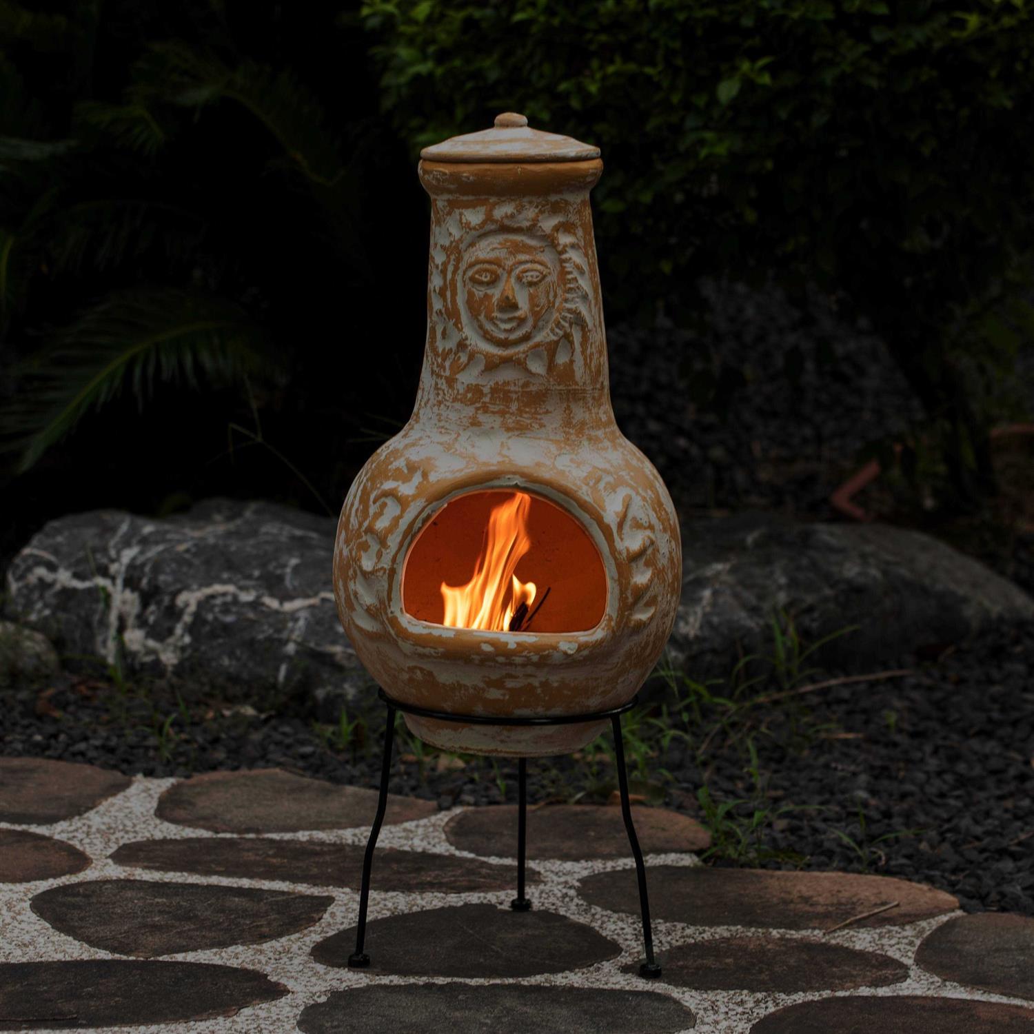 Vintiquewise Outdoor Clay Chiminea Fireplace Sun Design Wood Burning Fire Pit with Sturdy Metal Stand