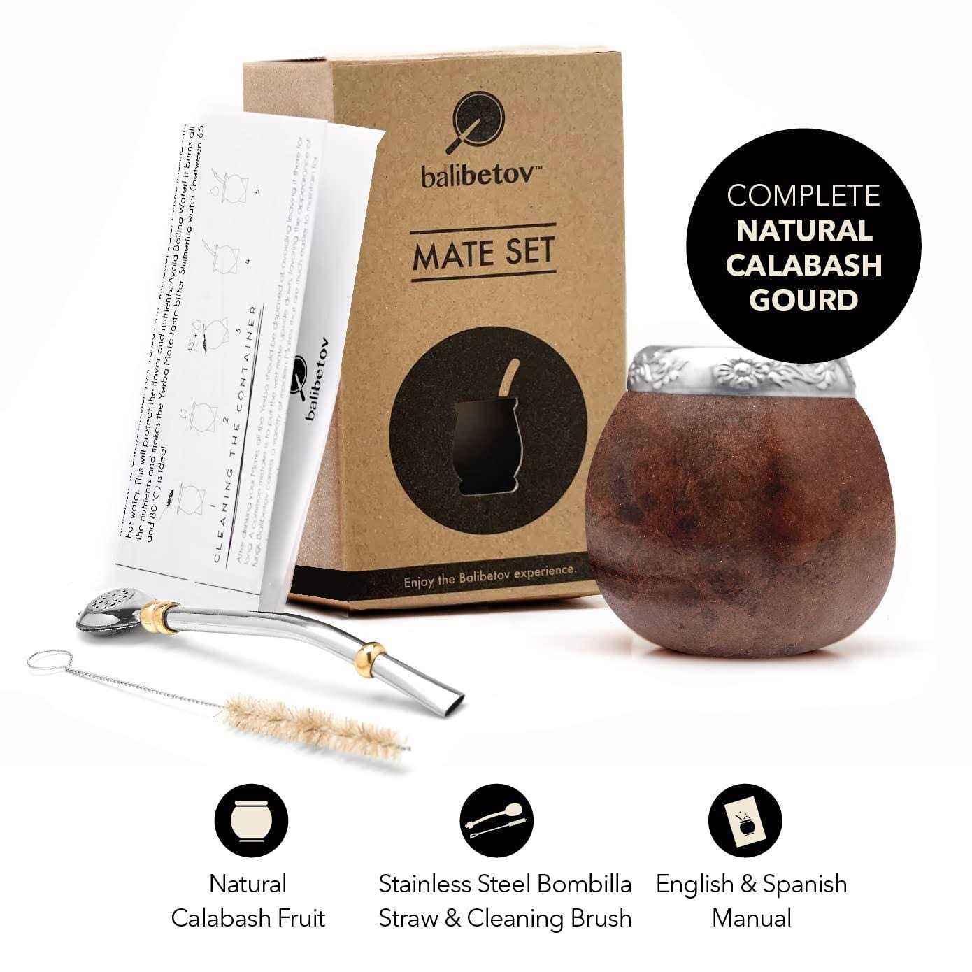 Balibetov Yerba Mate Gourd Set Includes Mate Tea Cup, Bombilla and Clean