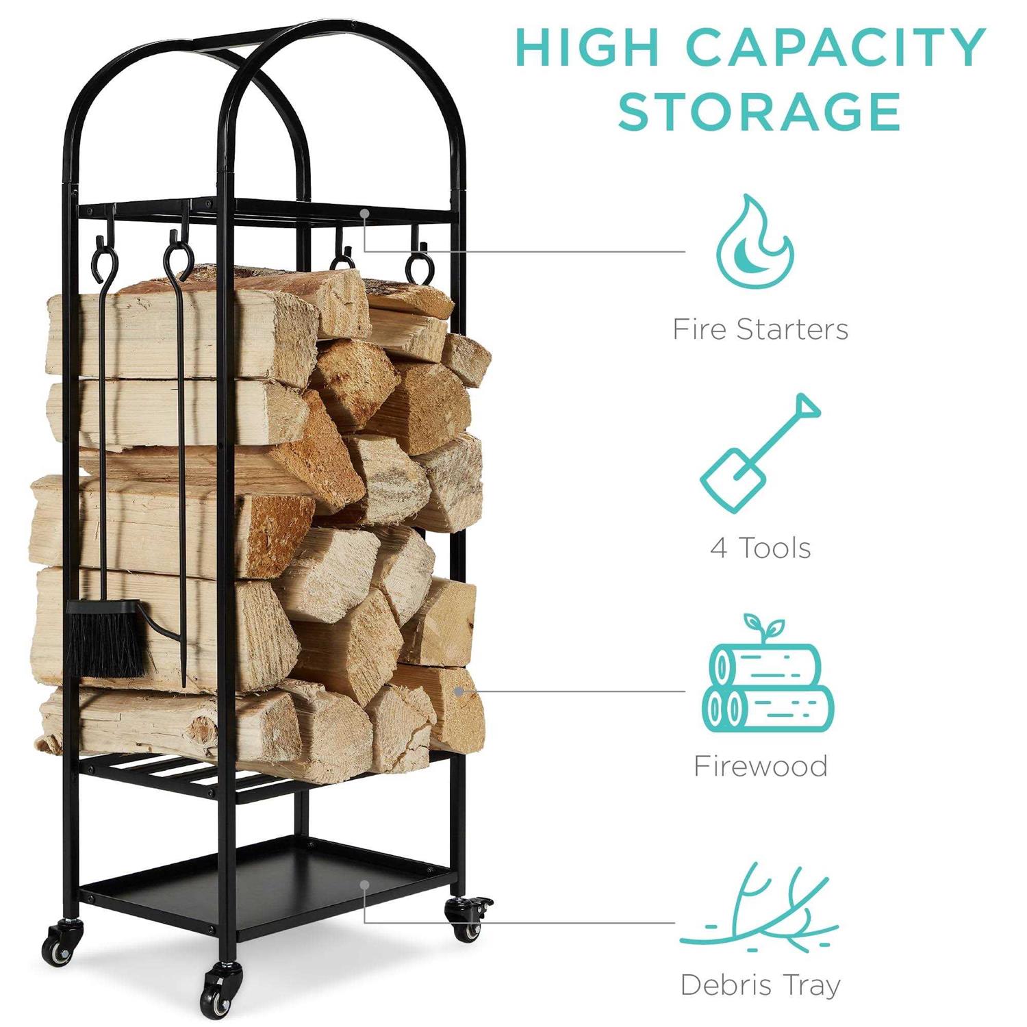 Best Choice Products 4ft 3-Tier Firewood Log Rack Vertical Wrought Iron Holder for Home w/ 4-Piece Tool Set