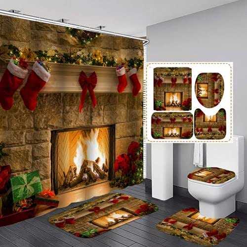 4PCS Christmas Fireplace Shower Curtain Sets, Christmas Tree Stocking Shower Curtain Sets with Rugs, Toilet Lid Cover and Bath Mat for Bathroom Set
