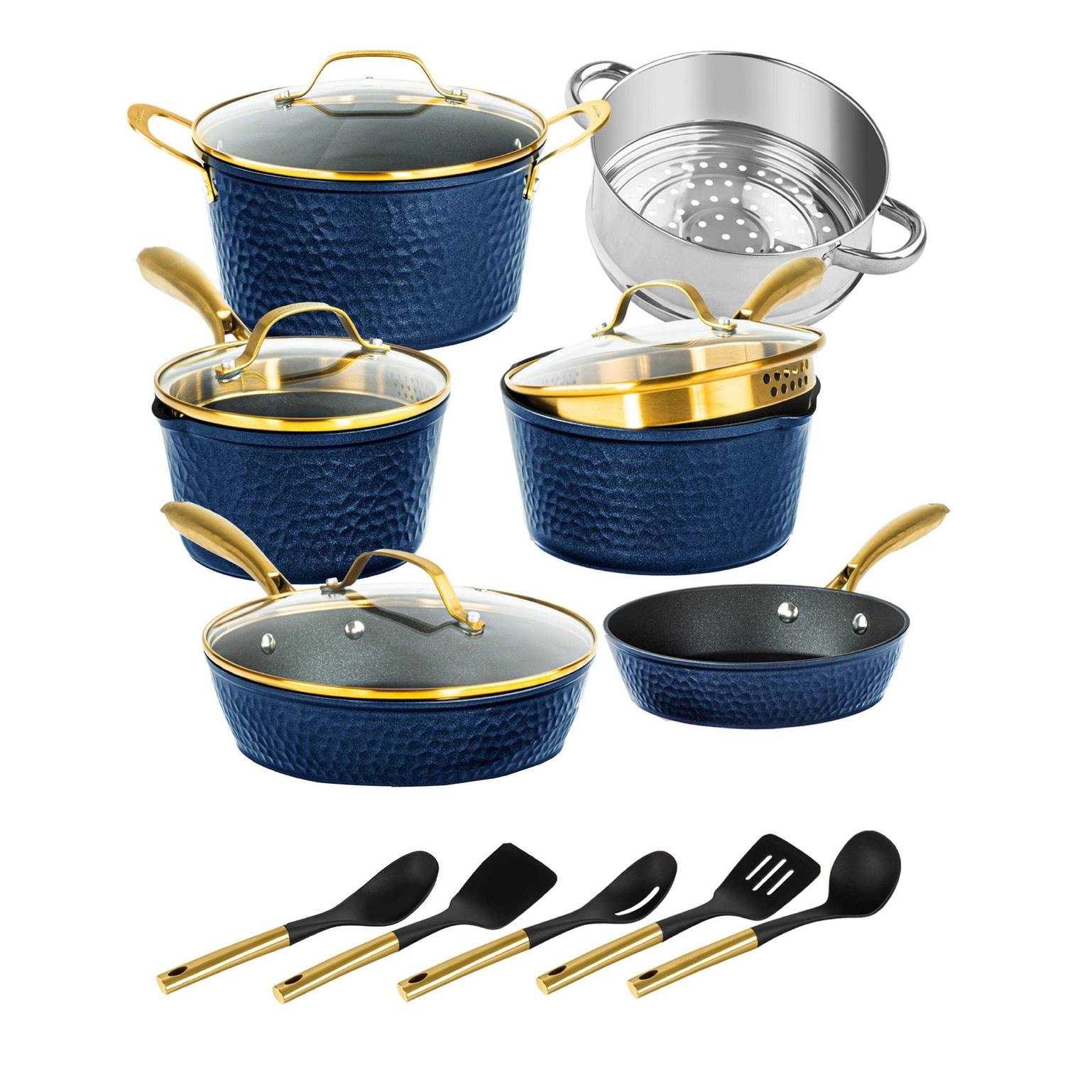 Granitestone Charleston Collection Hammered 15 Piece Nonstick Cookware Set with Utensils