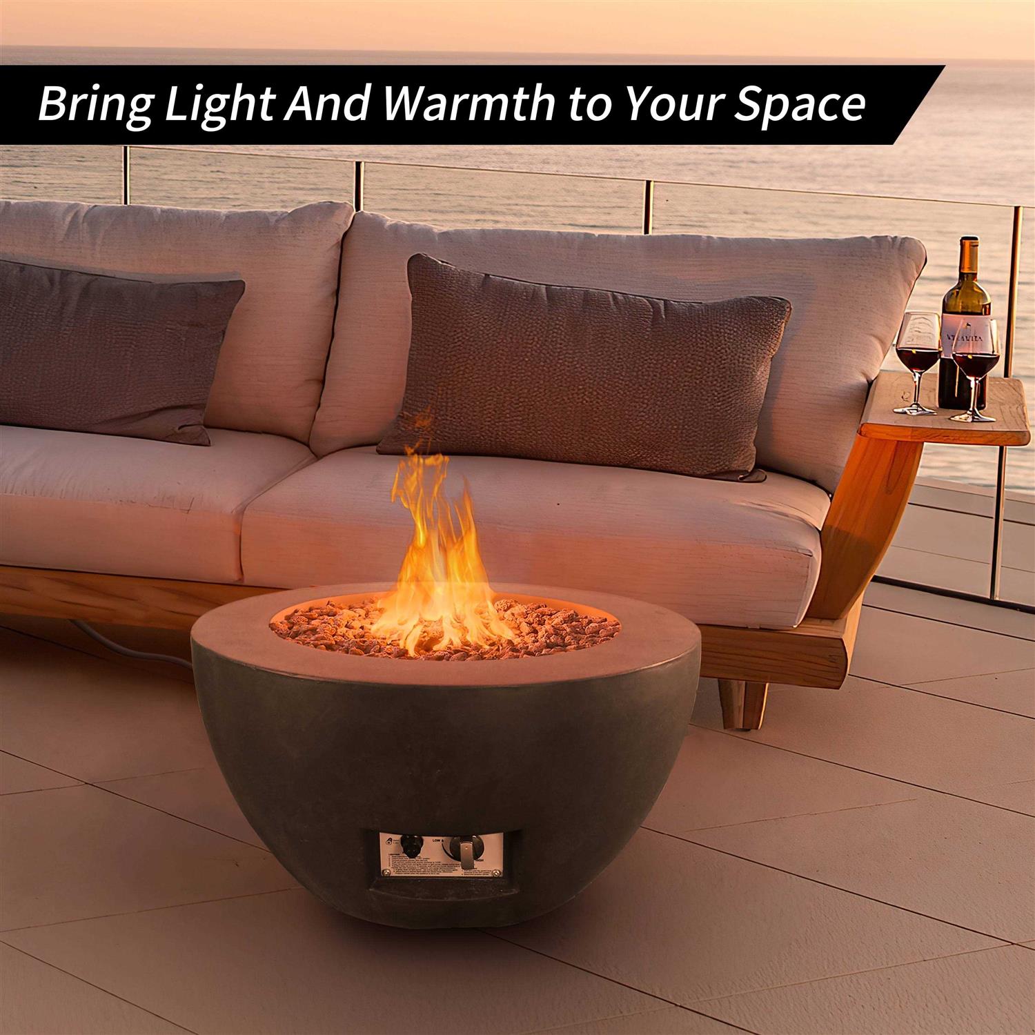 Kante 25 Inch Wide Round Concrete and Metal Outdoor Eco-Friendly Smokeless 50,000 BTU Propane Gas Fire Pit Bowl Table