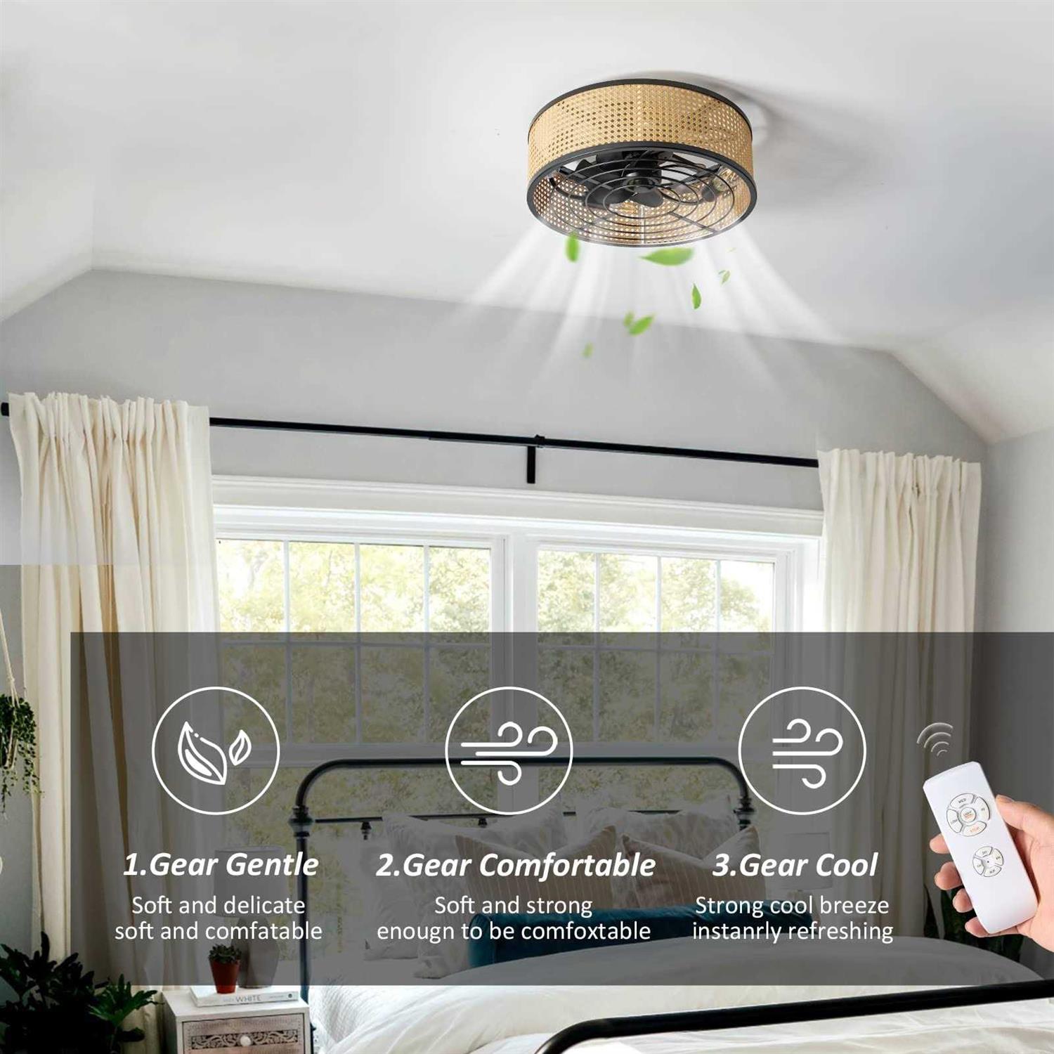 zheshirui Rattan Boho Ceiling Fan with Light Flush Mount, 20 Inch Caged Ceiling Fans with Light and Remote Control