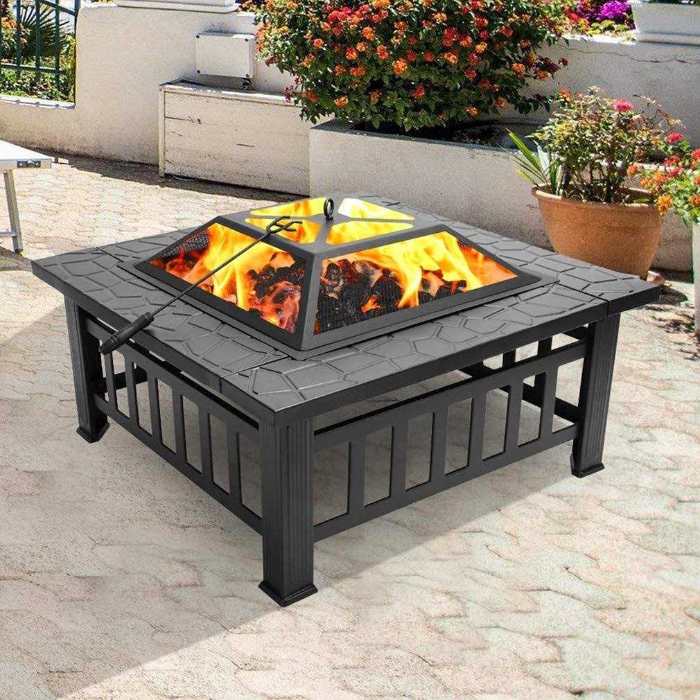 Fdw Outdoor Fire Pit 32 inch Square Metal Firepit For Patio Wood Burning Fireplace Garden Stove with Charcoal Rack