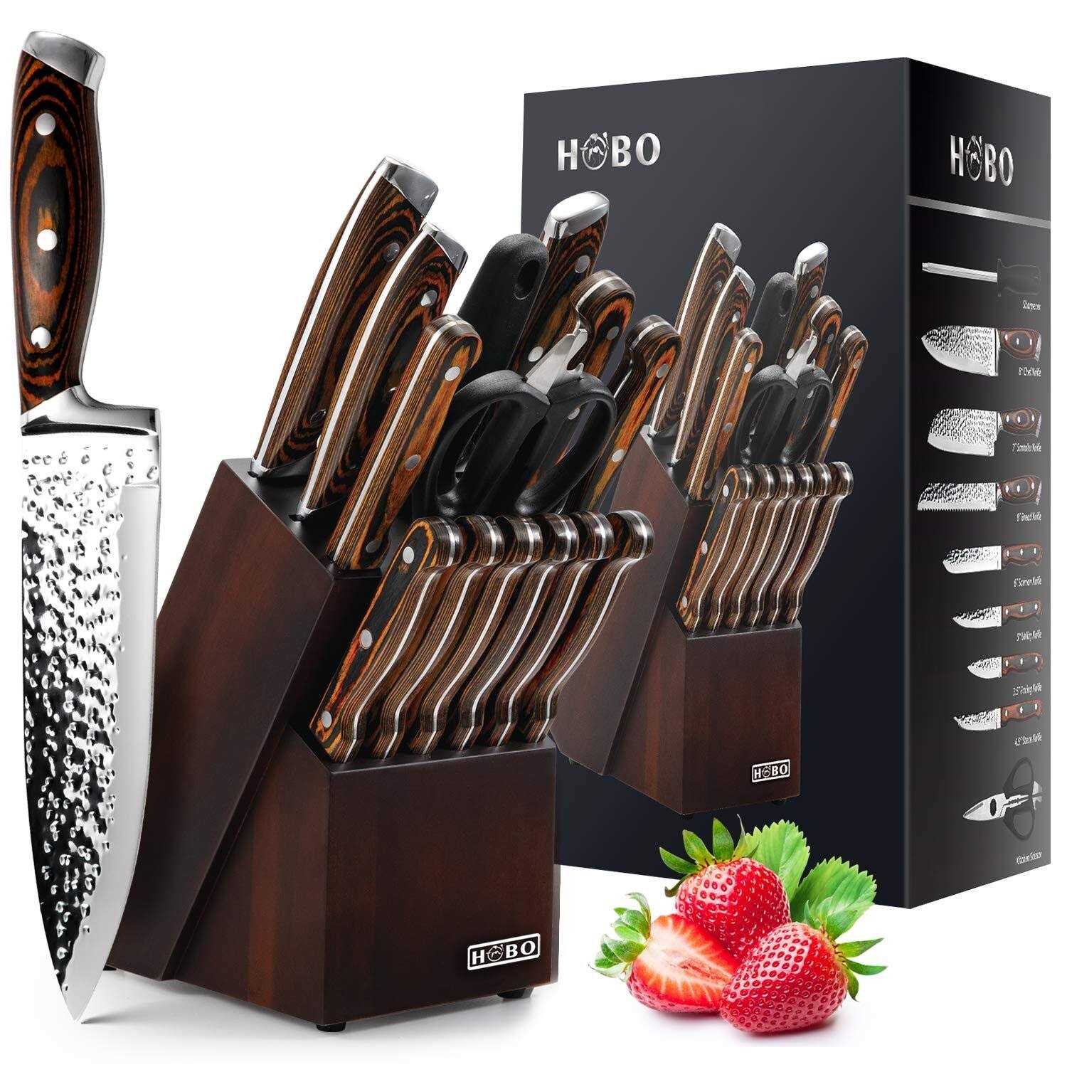 Knife Sets, 15-Piece Japanese Knife Set Kitchen Knife Set with Block Wooden, Hobo Chef Knife Set with Sharpener, Japan High Carbon Stainless Steel KN