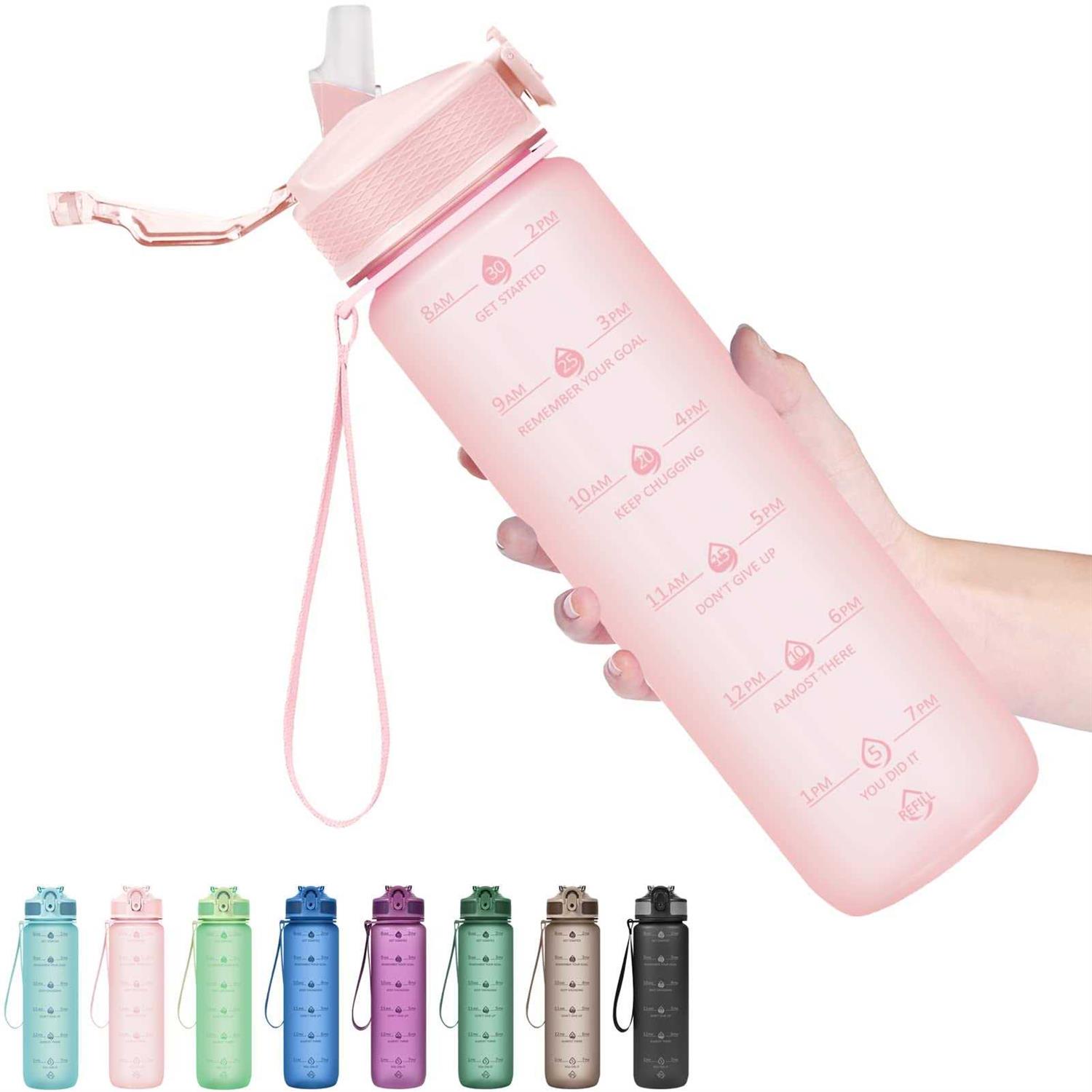 Hyeta 32 oz Water Bottles with Times to Drink and Straw