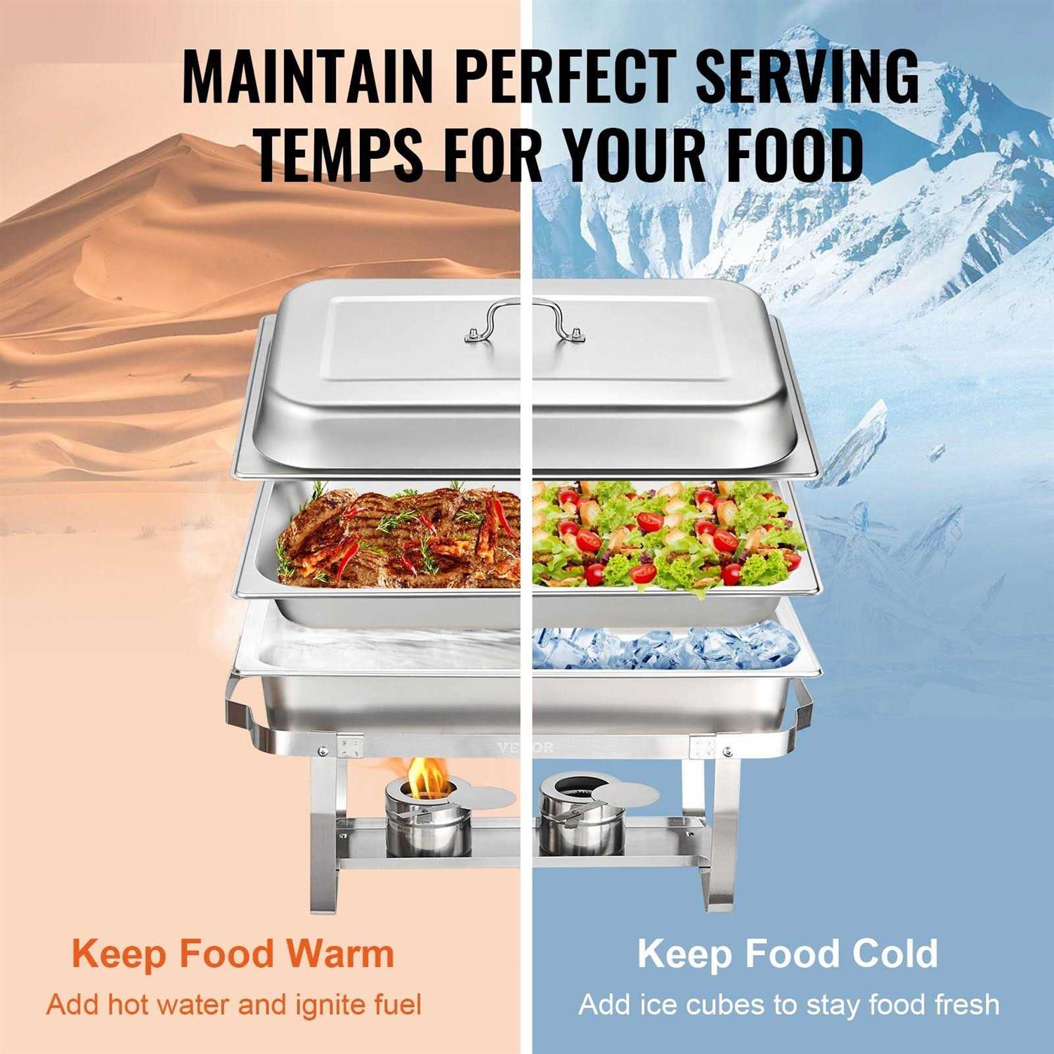 VEVOR Chafing Dish Buffet Set 8-Qt. Stainless Chafer 6 Pack Rectangle Catering Warmer Server with 6 Full Size Pans