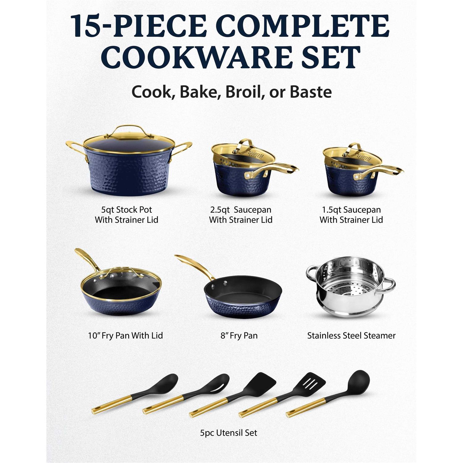 Granitestone Charleston Collection Hammered 15 Piece Nonstick Cookware Set with Utensils