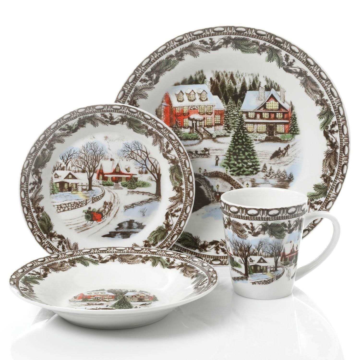 Gibson Home Christmas Toile 16 Piece Dinnerware Set