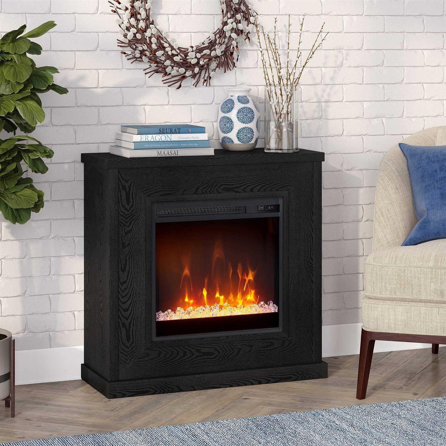 Henn&Hart Santos 30 Wide Mantel Fireplace with Crystal Fireplace Insert