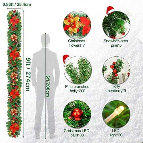 Christmas Garland with Lights 9FT Pre-Lit Artificial Christmas Green Garland for Stair Decorations with Spruce