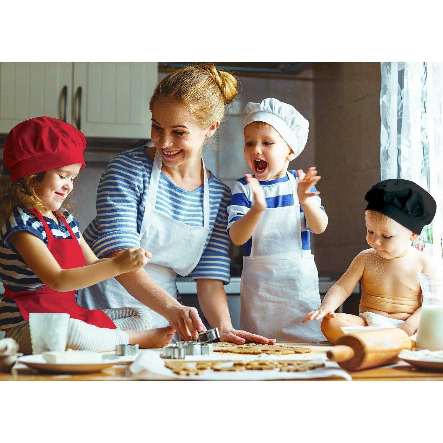 CHENGU 6 Pieces Kids Chef Hat Apron Set Boys Girls Aprons for Kids Adjustable Aprons Kitchen Bib Aprons with 2 Pockets for Kitchen Cooking Baking