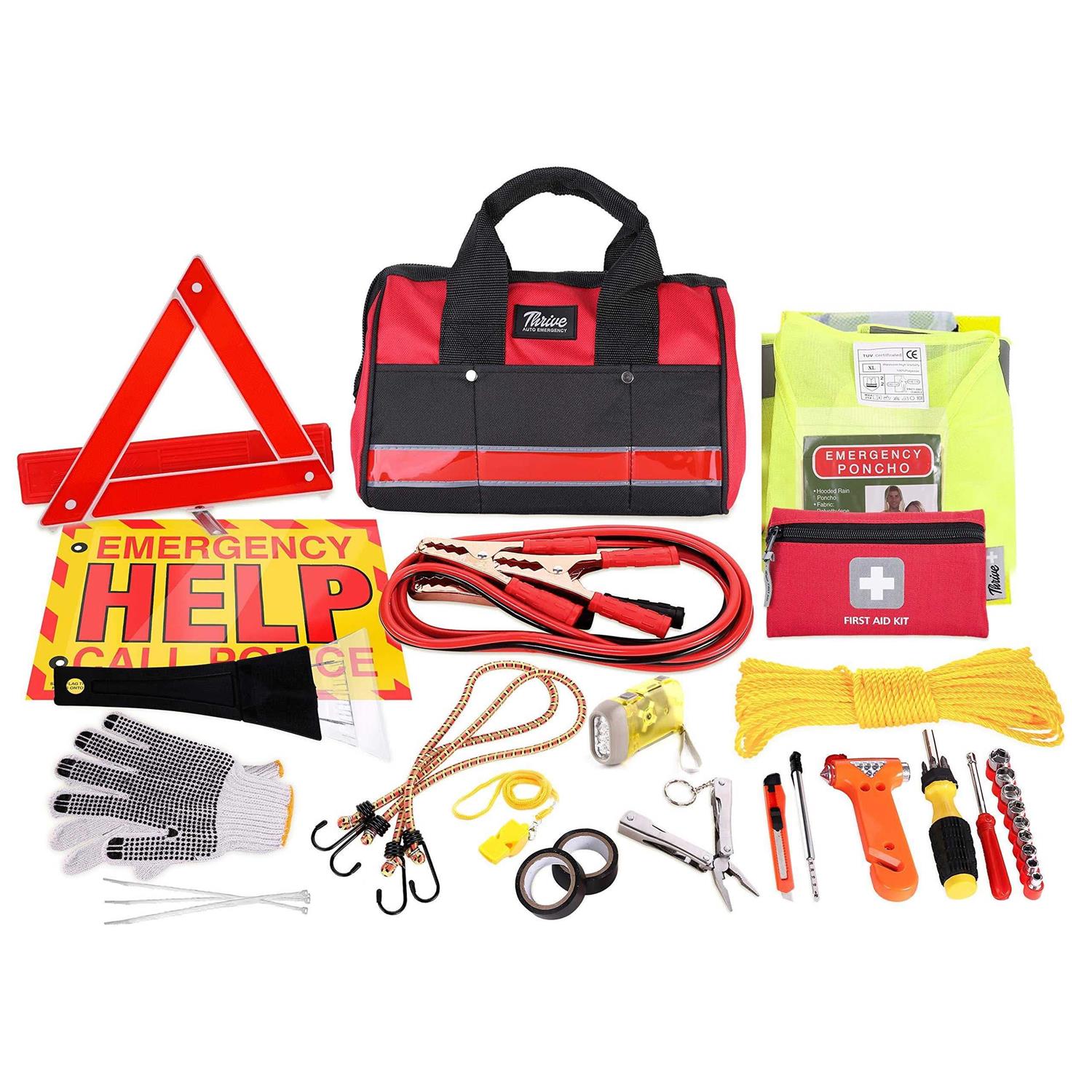 Thrive Roadside Emergency Car Kit Safety Accessories And Tool with Jumper Cables And Mini First Aid Kit for Women And Men
