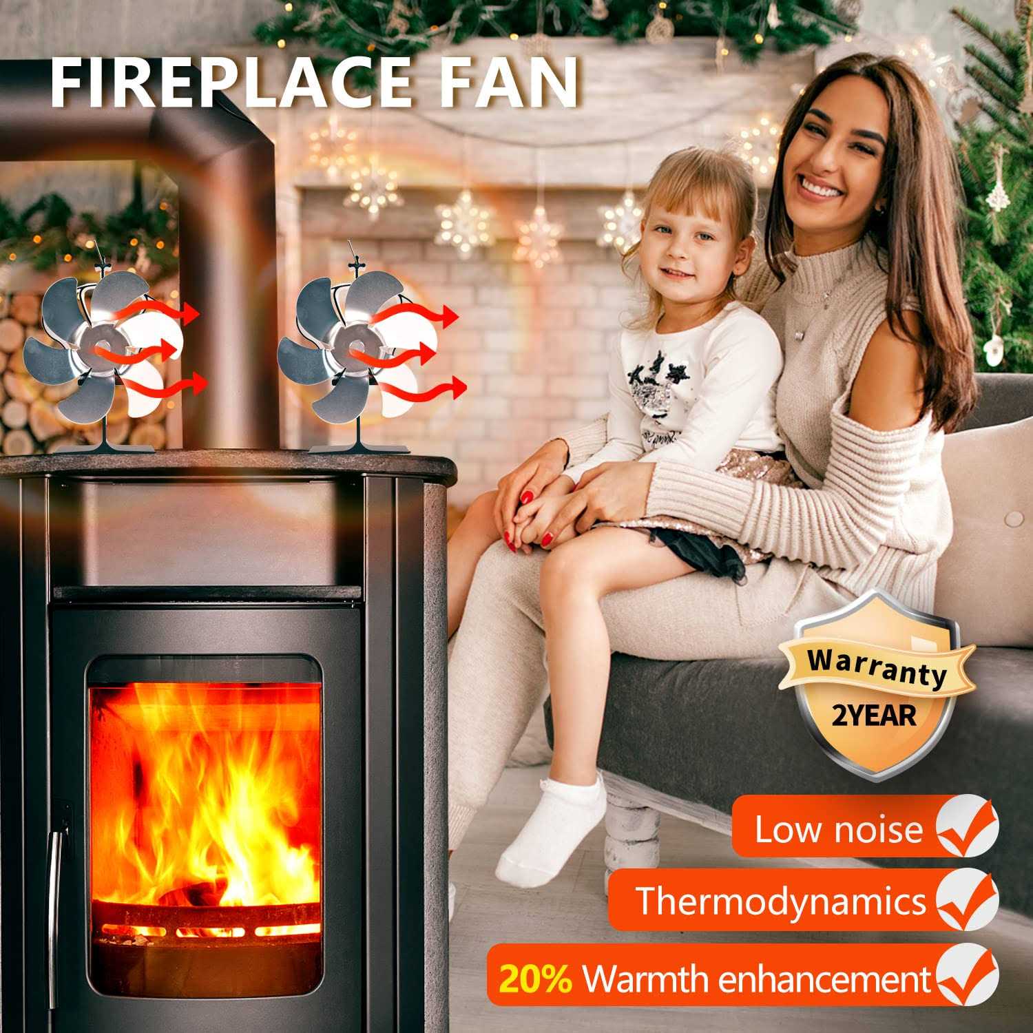 Holldoor 6 Blade Wood Stove Fan Heat Powered Non Electric Fireplace Fan with Stove Top Thermal Fan Thermometer for Wood Burning Stove/Fireplace
