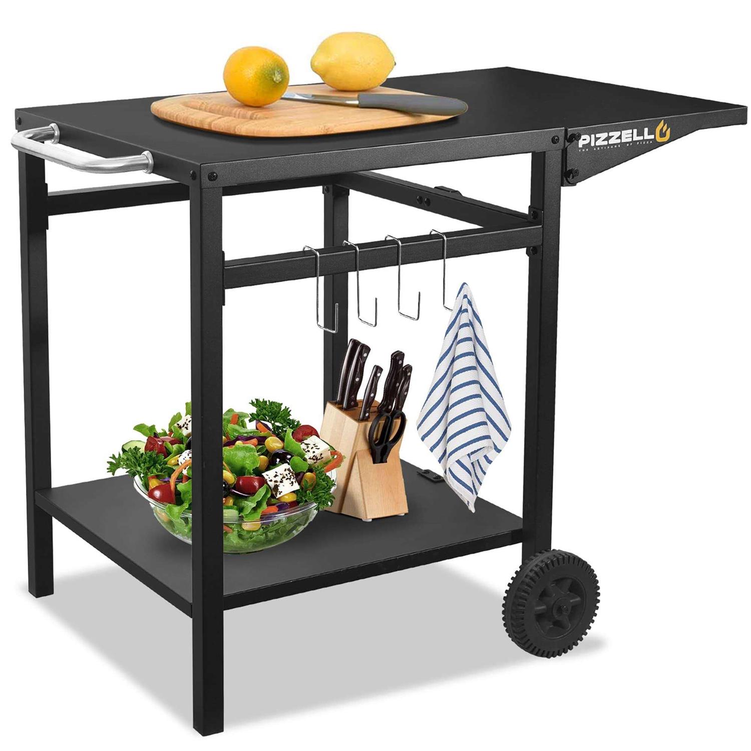 Outdoor Grill Cart Pizza Oven Trolley Stand Double Shelf Outdoor Worktable with 2 Wheels PIZZELLO