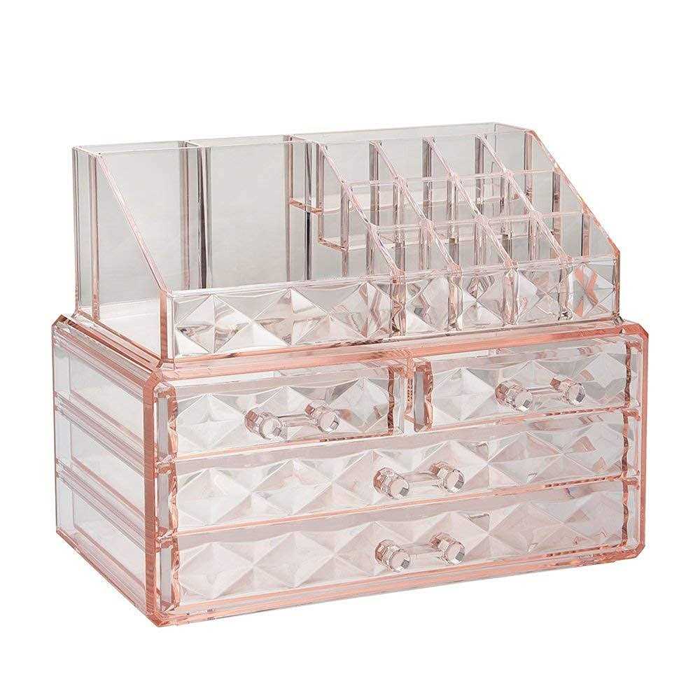 ZHIAI Jewelry and Cosmetic Boxes with Brush Holder Pink Diamond Pattern Storage Display Cube Including 4 Drawers and 2 Pieces Set