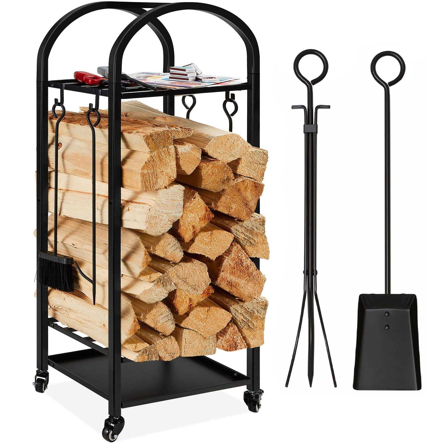 Best Choice Products 4ft 3-Tier Firewood Log Rack Vertical Wrought Iron Holder for Home w/ 4-Piece Tool Set