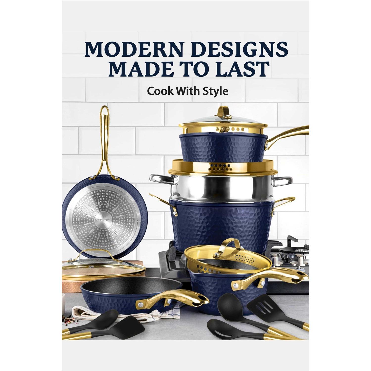 Granitestone Charleston Collection Hammered 15 Piece Nonstick Cookware Set with Utensils