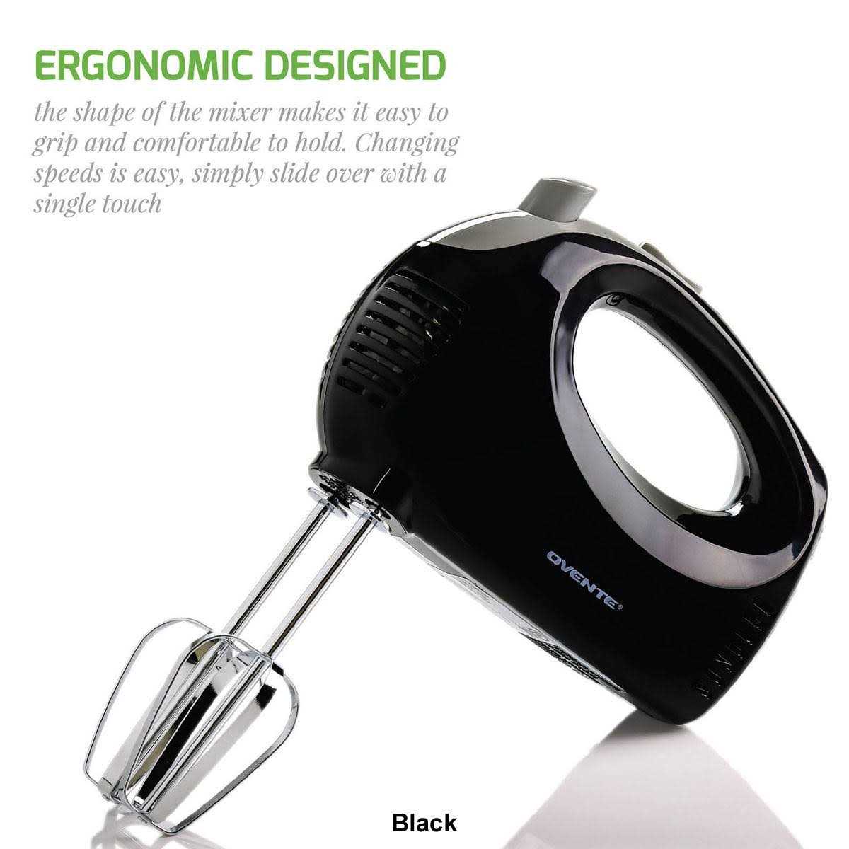 Ovente Portable 5 Speed Mixing Electric Hand Mixer with Stainless Steel Whisk Beater Attachments & Snap Storage Case