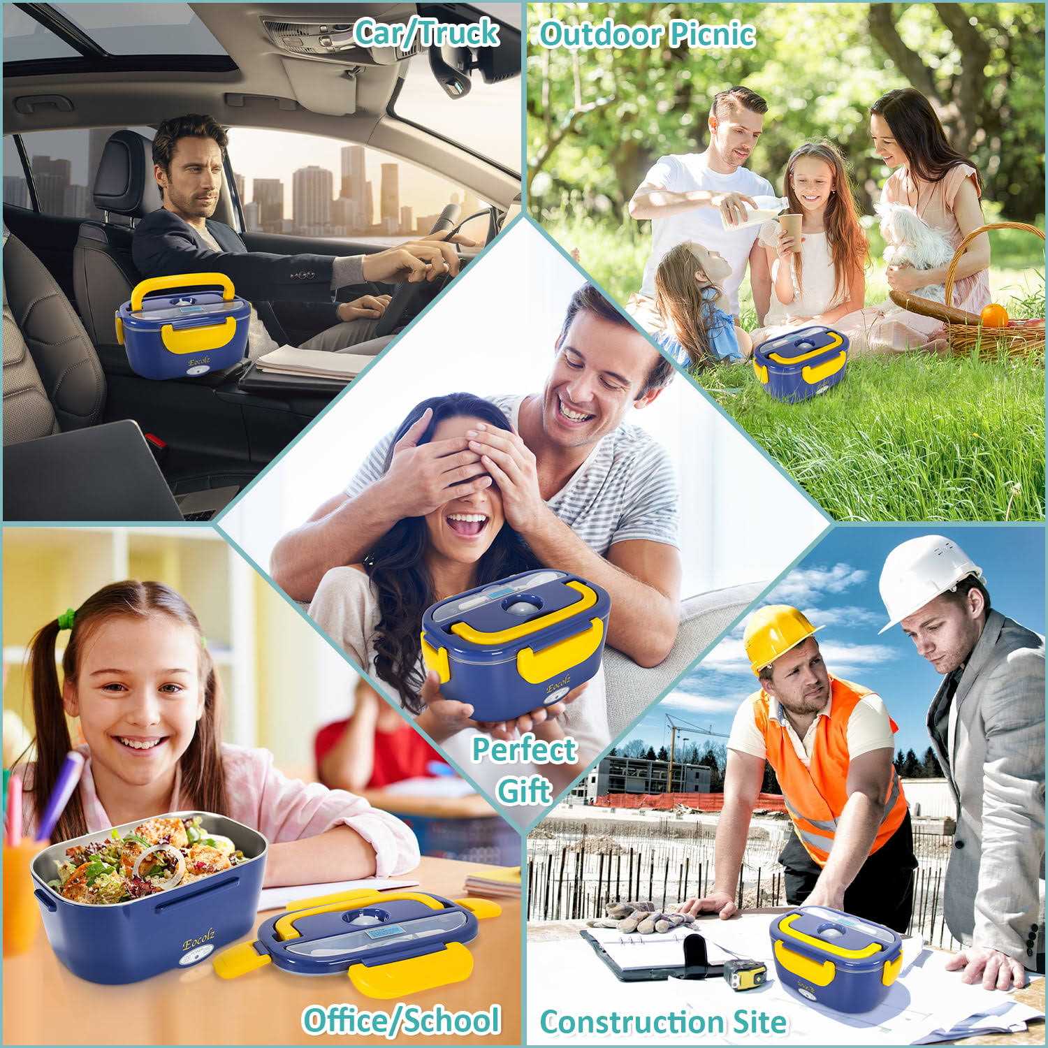 Eocolz Electric Lunch Box Food Heater Warmer 60W 2 in 1 Portable Lunch Box for Car Truck Home Work Leak Proof with 1.5l Removable 304 Stainless