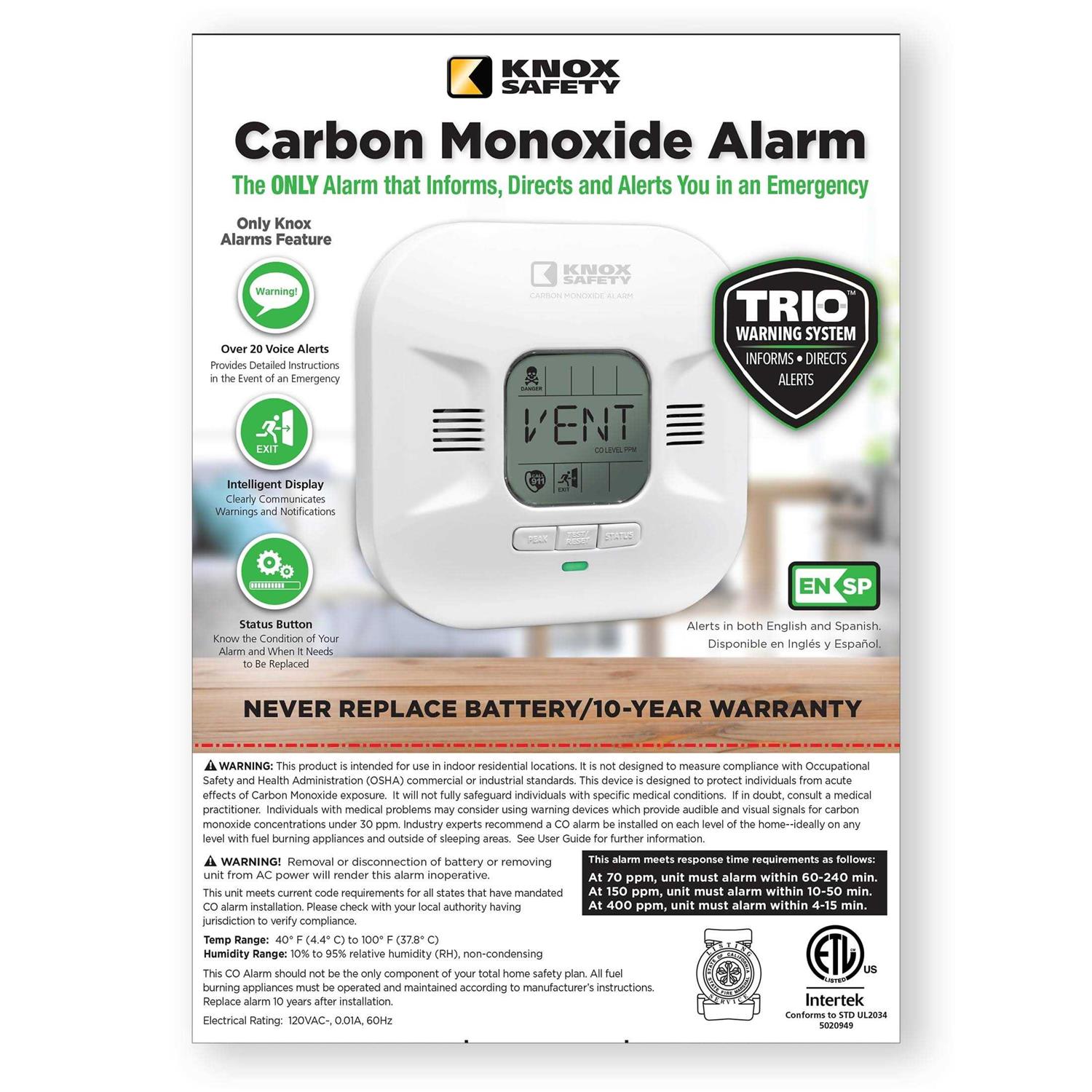 Knox Safety Plugin Carbon Monoxide Detector Voice Alert & Display 10-Year Battery Backup