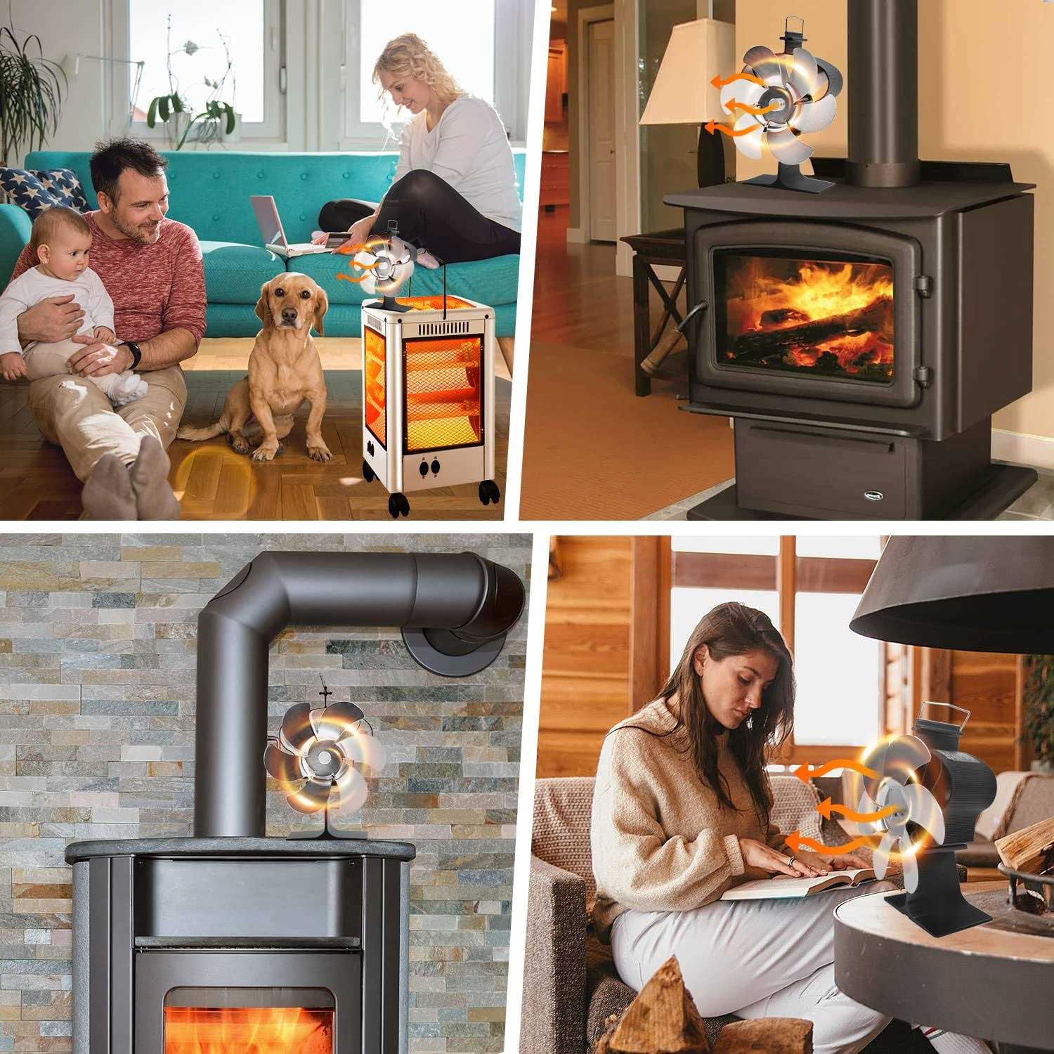 Holldoor 6 Blade Wood Stove Fan Heat Powered Non Electric Fireplace Fan with Stove Top Thermal Fan Thermometer for Wood Burning Stove/Fireplace