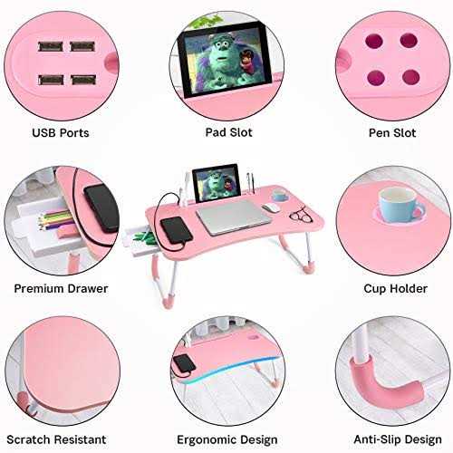 Slendor Laptop Desk Laptop Bed Stand Foldable Laptop Table Folding Breakfast Tray Portable Lap Standing Desk Reading and Writing Holder with Drawer
