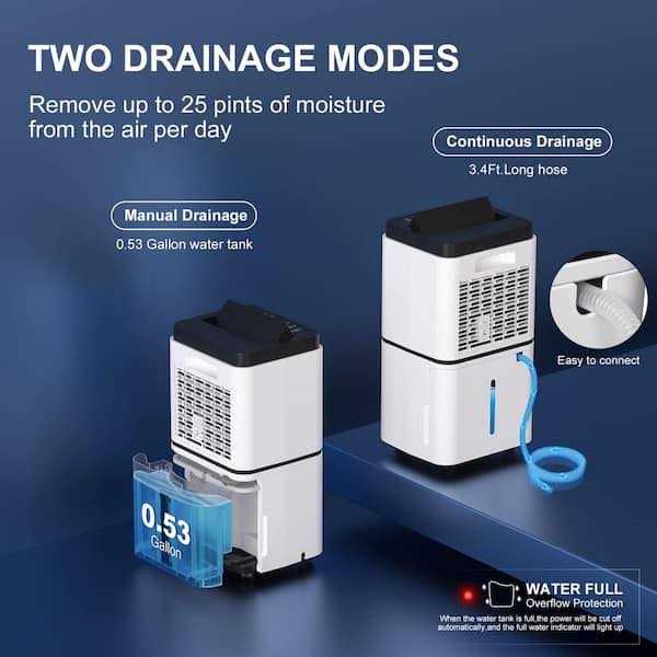 25 pt. 2,000 sq. ft. Home Dehumidifier in. White with Drain Hose and Water Tank, Auto or Manual Drainage
