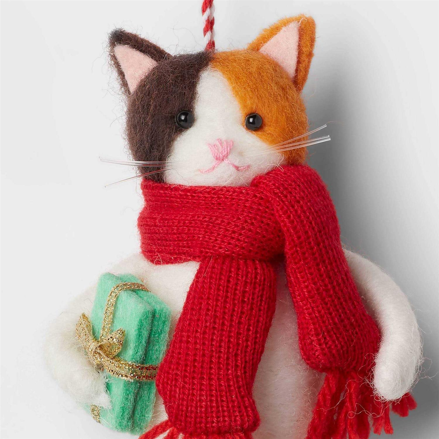 Wondershop Felted Wool Calico Cat Wearing Scarf Holding Gift Christmas Tree Ornament