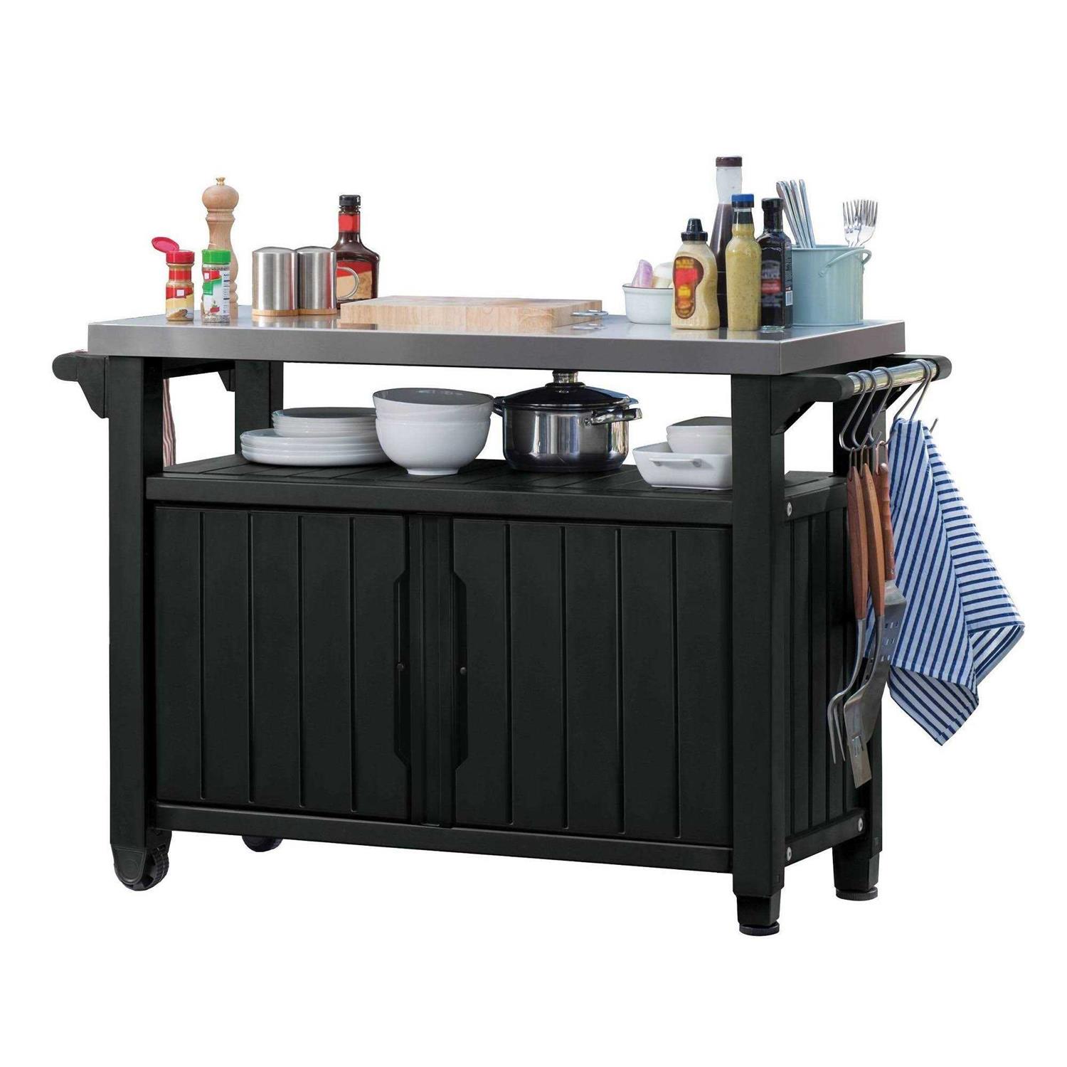 Keter Unity XL Resin Serving Station, All-Weather Plastic and Metal Grill, Storage and Prep Table