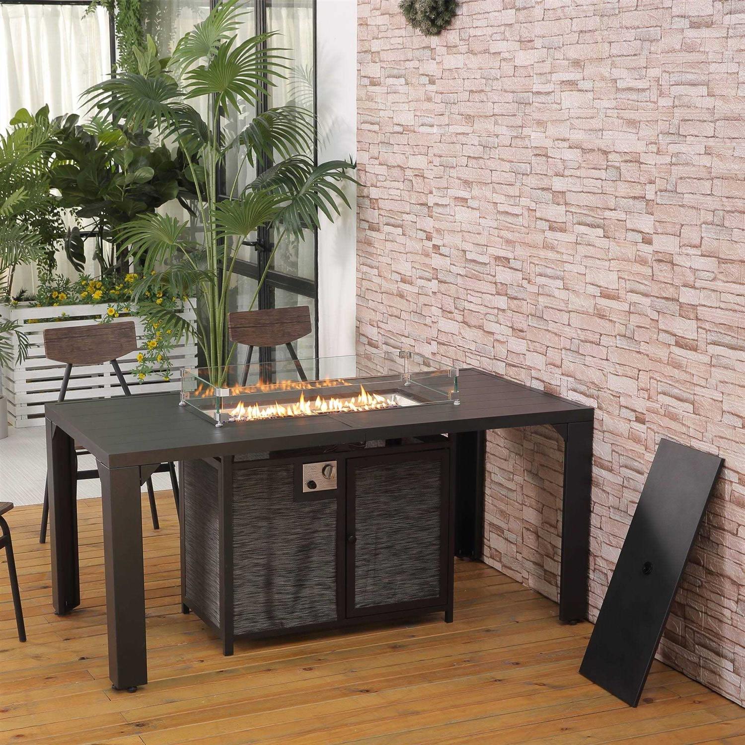 Pizzello Fire Pit Table 62.5 Propane Outdoor Patio Dining Table Rectangular with Fire Glass Bead