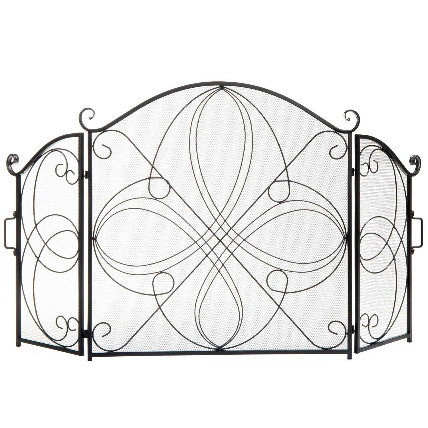 Best Choice Products 3-Panel 55x33in Wrought Iron Fireplace Safety Screen Decorative Scroll Spark Guard Cover