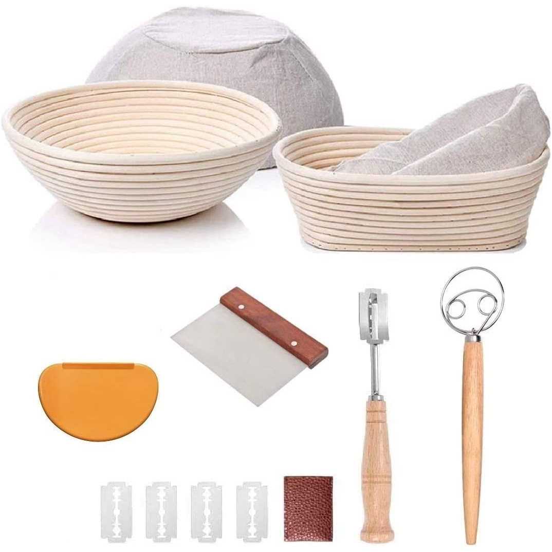 Bread Proofing Basket Set Of 2 Round and Oval Banneton Proofing Basket + Danish Dough Whisk + Bread Scoring Lame + Stainless Steel Dough Scraper +