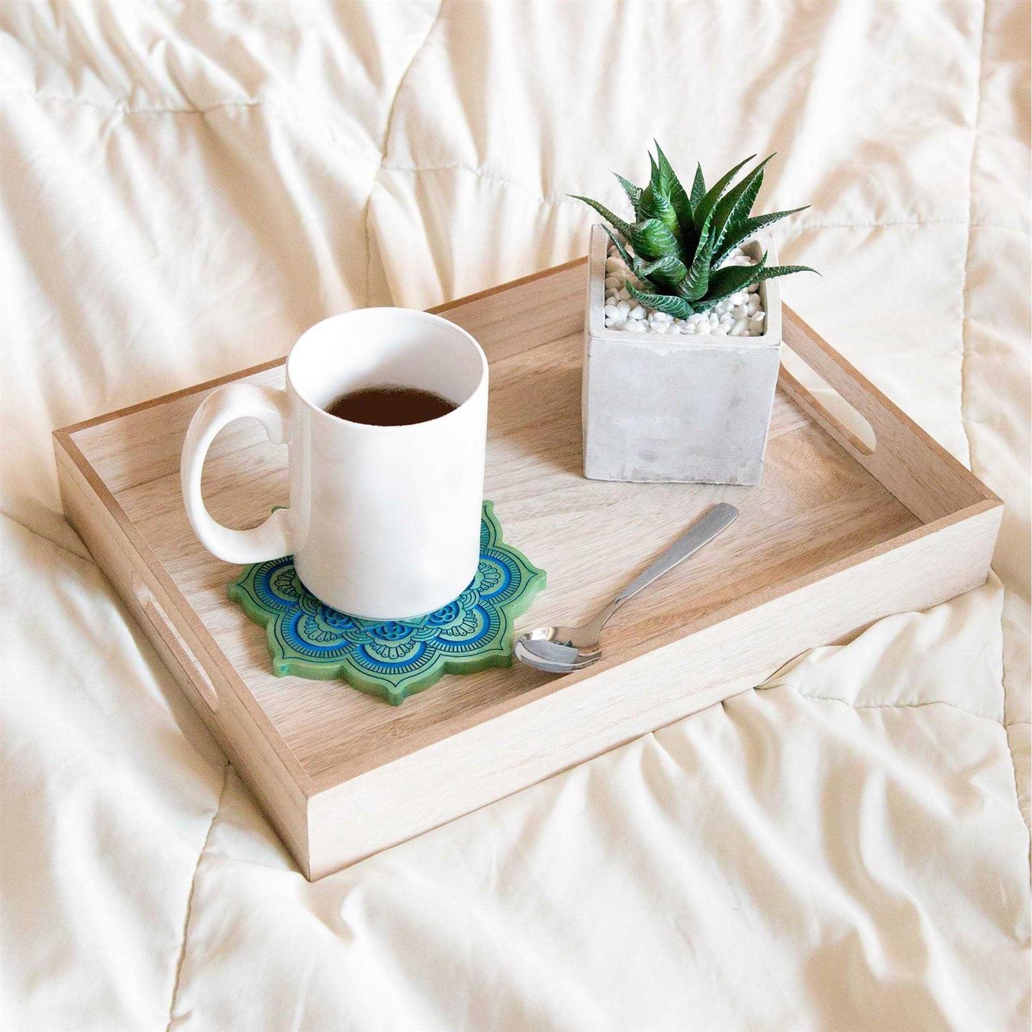 On the Surface Decorative Square Tray Customizable Wooden Serving Tray with Handles