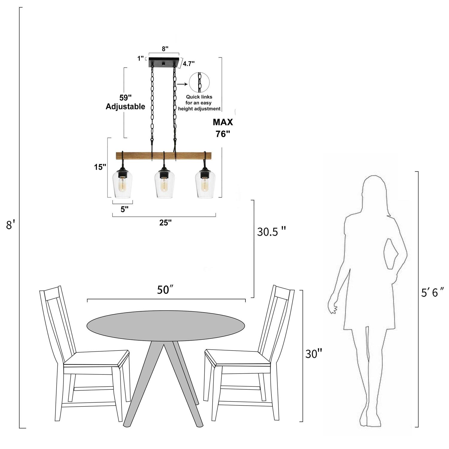 Zarbel Modern Farmhouse Faux Wood Chandelier Rustic 3-Light Black Island Lights with Bottle Glass