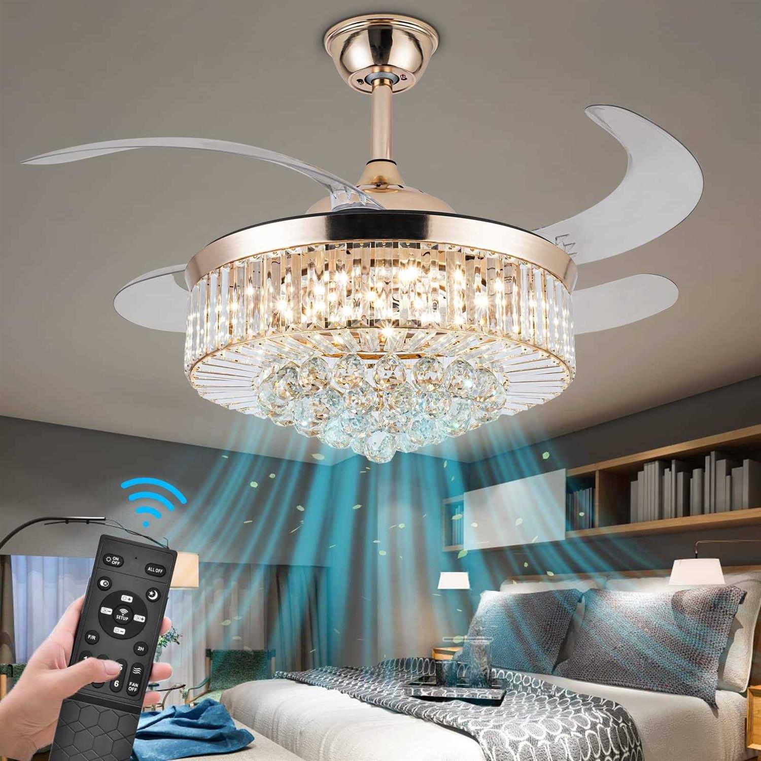 42&”Reversible Chandelier Crystal Ceiling Fan with Lights Stepless Dimming Modern Ceiling Fan Remote Control Retractable Invisible Blades