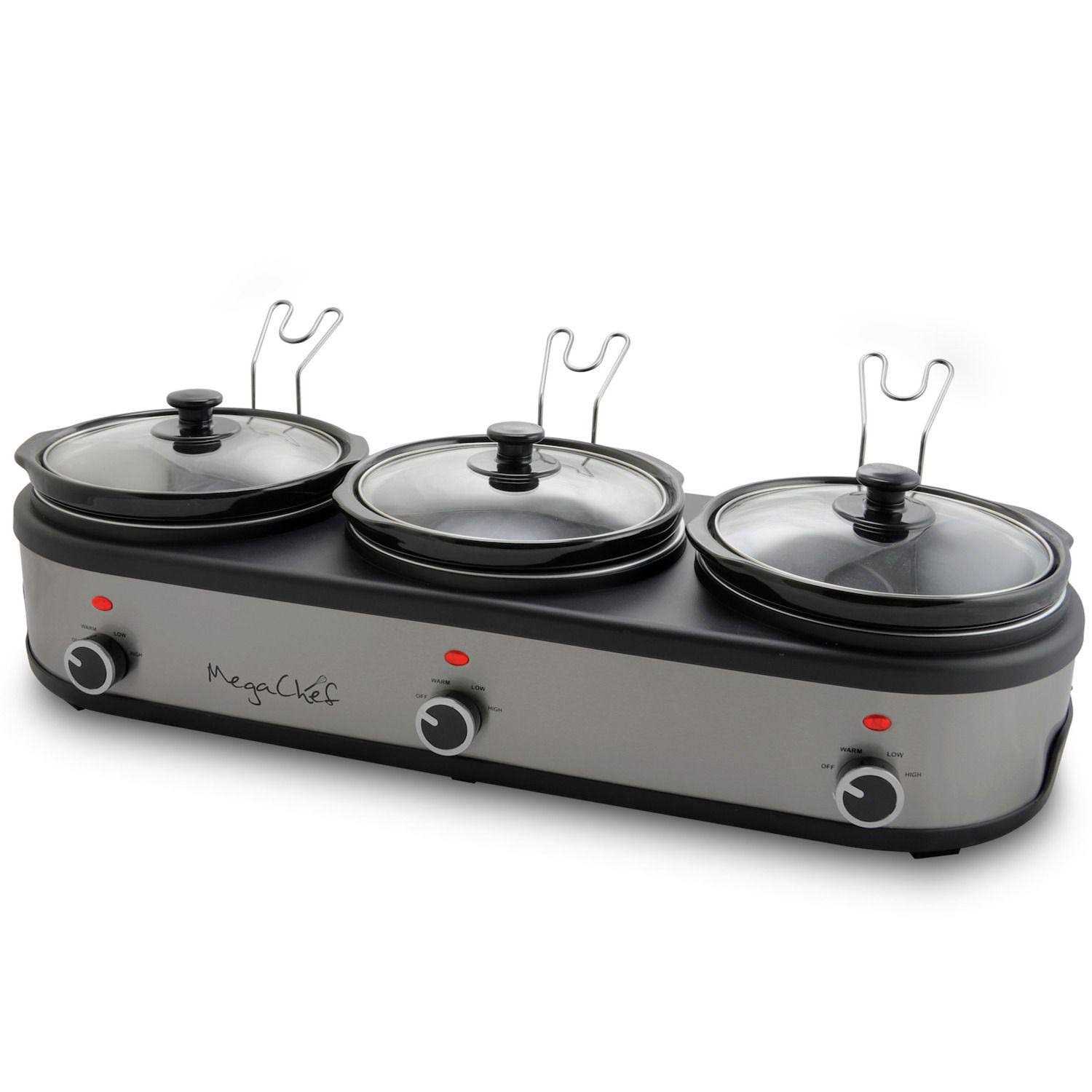 MegaChef Triple 2.5 Quart Slow Cooker and Buffet Server in Brushed