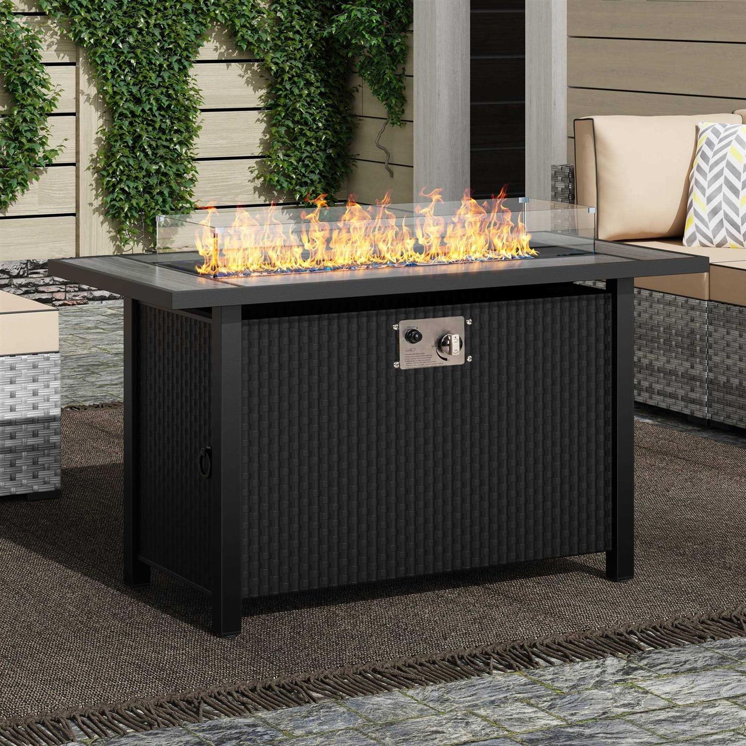 Walsunny 45 inch Propane Fire Pit Table 50,000 BTU Steel Gas Fire Pit with Lid and Lava Rock Rectangular