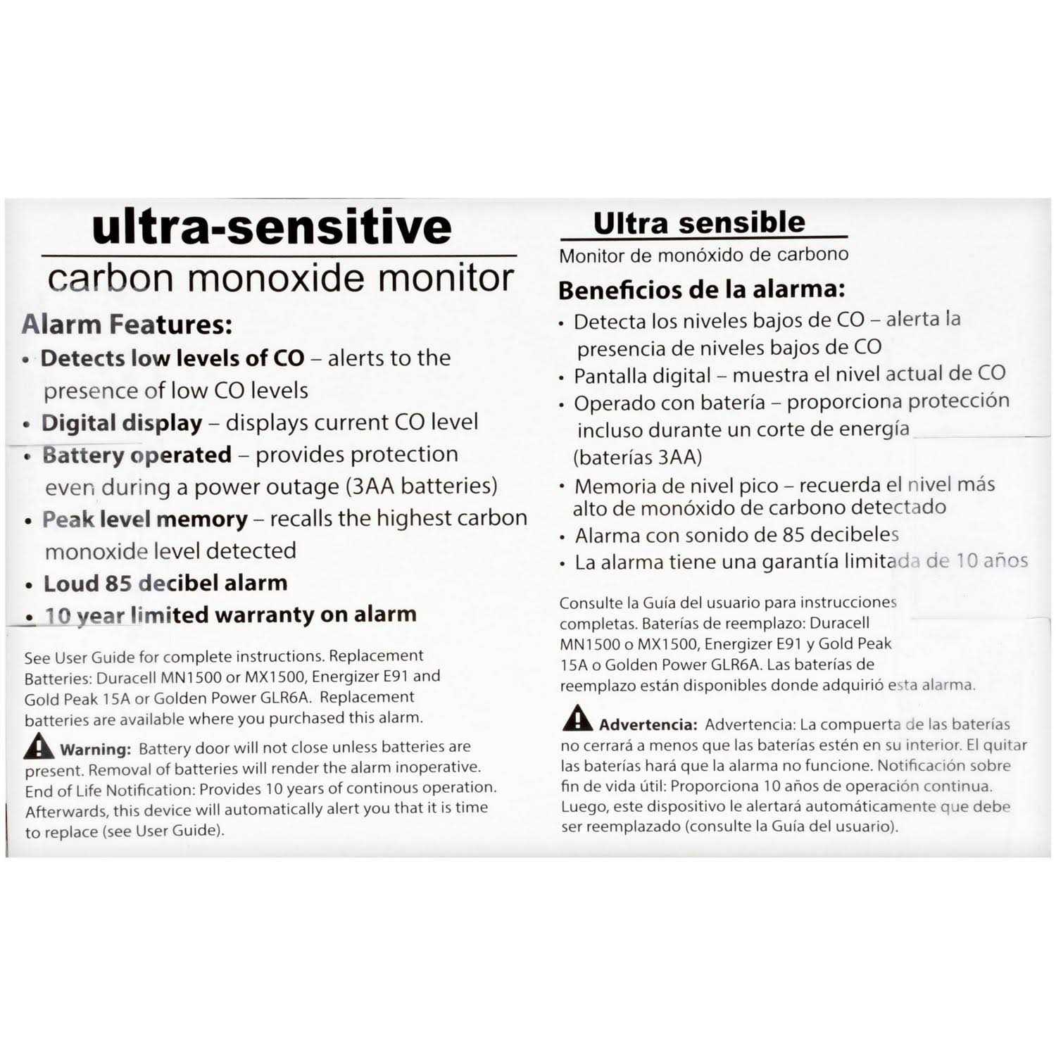 Kidde KN-COU-B Carbon Monoxide Monitor Ultra-Sensitive Battery Powered 21009942