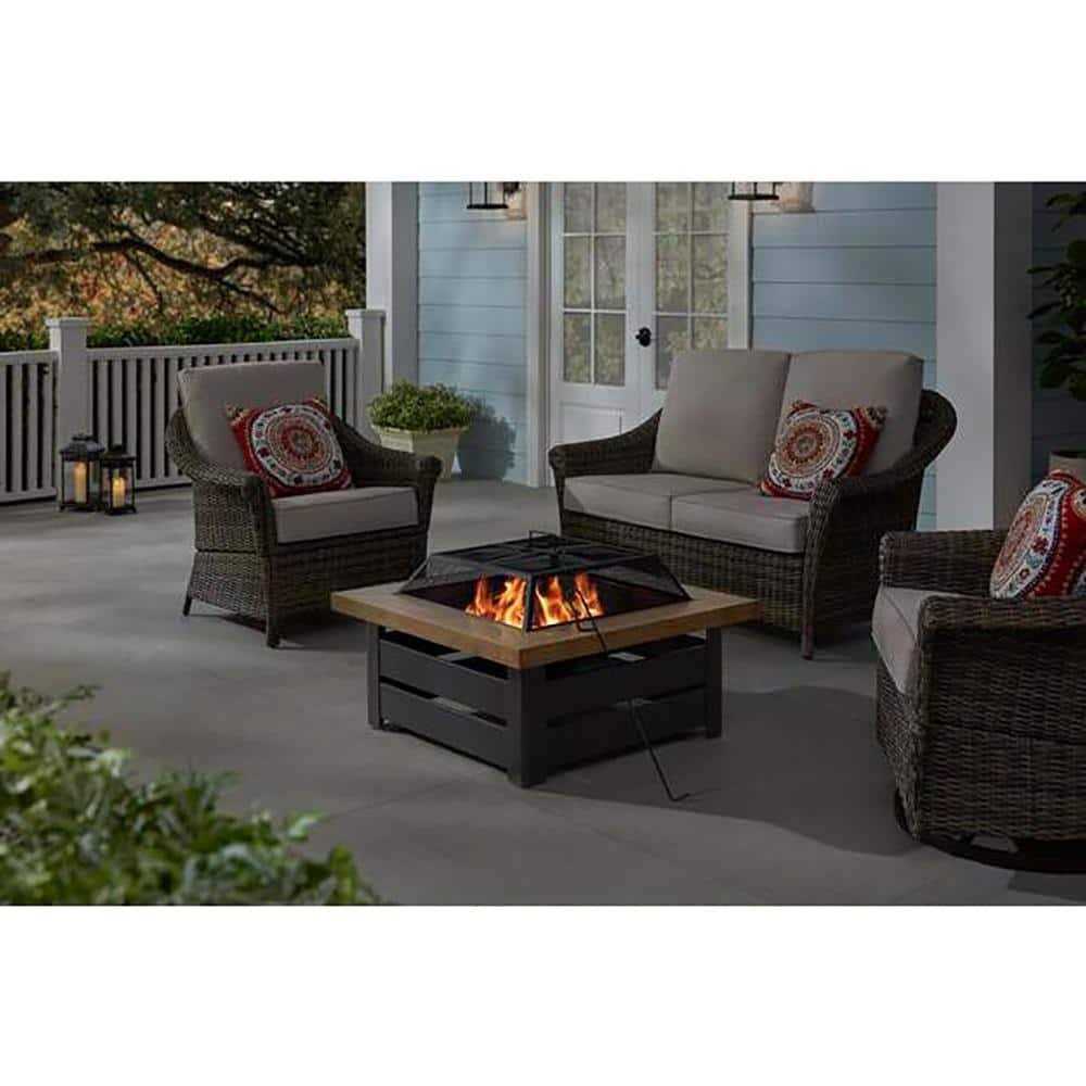 Hampton Bay Stoneham 34 in. x 15.5 in. Square Steel Wood Fire Pit with Tile Top