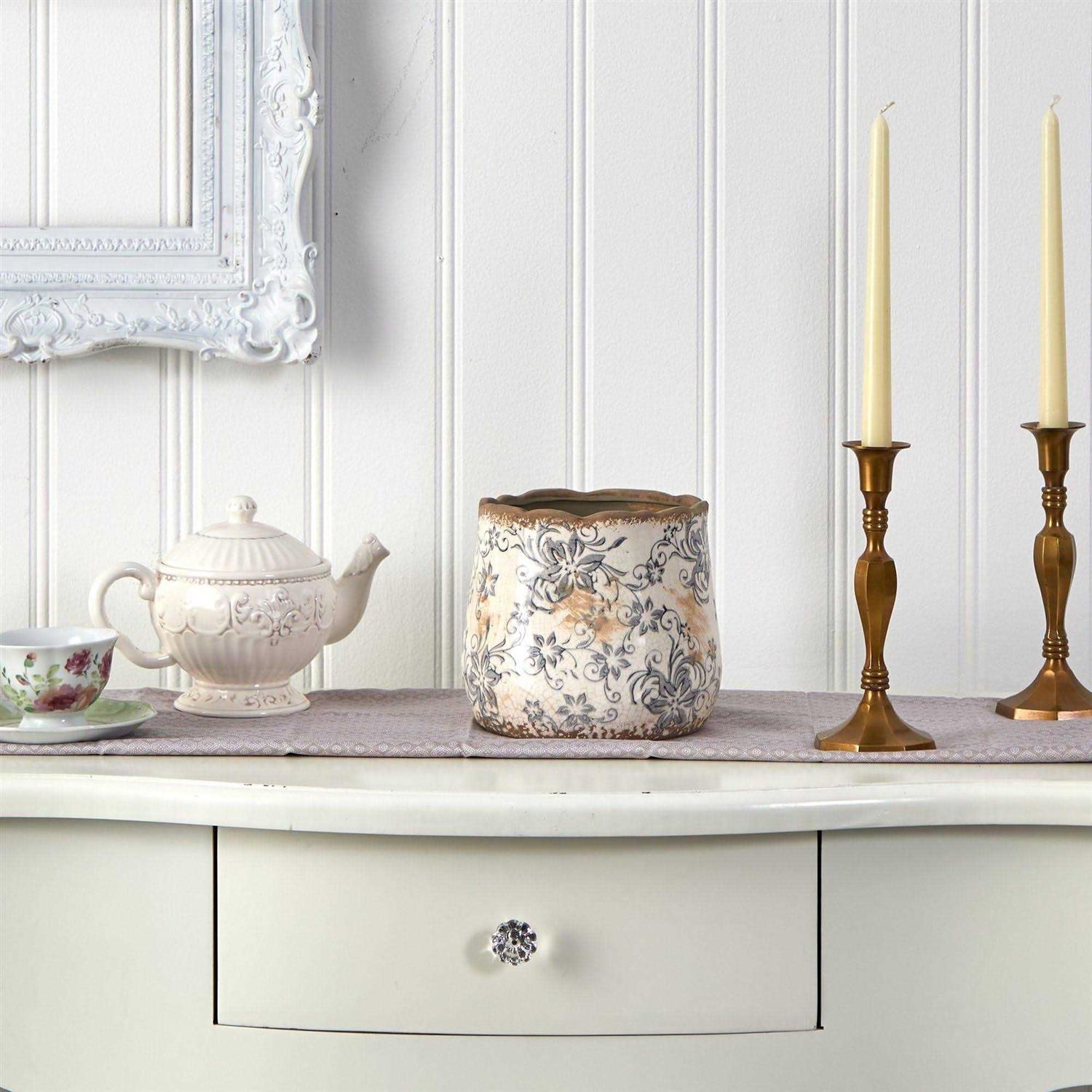 Nearly Natural Tuscan Ceramic Gray Scroll Planter